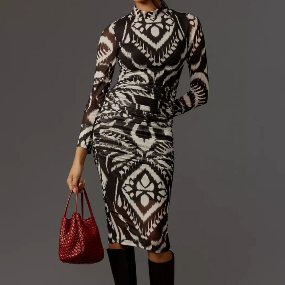 Farm Rio Pineapple Ikat Tulle Midi Dress Ruched Sides Size L Anthropologie NWT